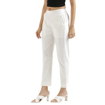 Women's White Cotton High-Rise Slim Fit Trousers with Pockets | Formal & Casual Wear