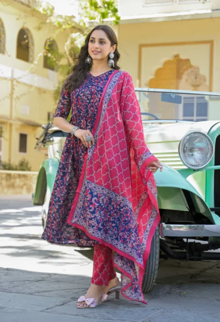 Women's Blue Cotton Night Suit with White Stone Neck Design | Soft & Stylish Sleepwear | Sizes M, L, XL | ₹499