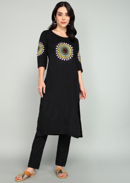 Women's Black Kurti with Pant | Front Embroidery Design | Elegant Daily Wear | Comfortable Cotton | Sizes M, L, XL | ₹549