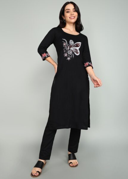 Women's Black Kurti with Pant | Front Embroidery Design | Elegant Daily Wear | Comfortable Cotton | Sizes M, L, XL | ₹549