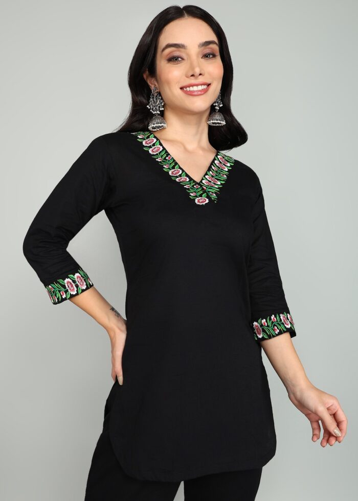 Women's Black Kurti with White Pajama | V-Neck Design | Elegant Ethnic Set | Comfortable Cotton Fabric | Sizes M, L, XL | ₹599