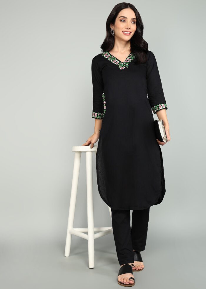 Women's Black Kurti with White Pajama | V-Neck Design | Elegant Ethnic Set | Comfortable Cotton Fabric | Sizes M, L, XL | ₹599