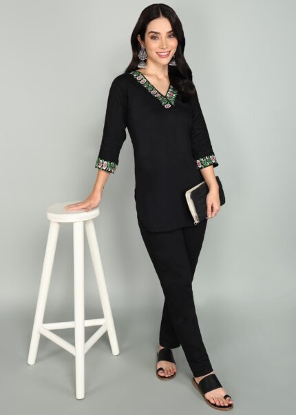 Women's Black Kurti with White Pajama | V-Neck Design | Elegant Ethnic Set | Comfortable Cotton Fabric | Sizes M, L, XL | ₹599